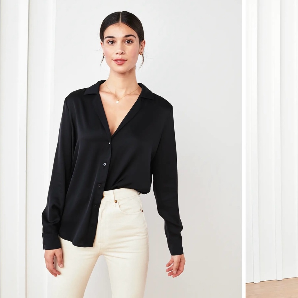 Quince Washable Stretch Silk Notch Collar Blouse XS